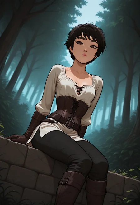 masterpiece,best quality,amazing quality,newest, absurdres, highres, detailed eyes, beautiful, perfect eyes, finely detailed face, very aesthetic, anime coloring, anime screencap, incoth, (incase:0.6), (depth of field)
1girl,
KimmyDKov, short hair, black hair, brown eyes, slim, small breasts,
white tunic, long sleeves, leather corset, cleavage, leather gloves, over the knee boots, leather belt, black pants,
dynamic pose, dutch angle,
medieval setting, forest,