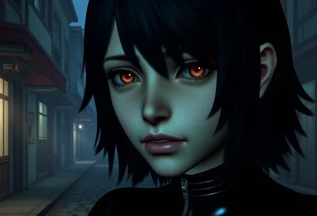 1girl, Close-up of a mysterious anime girl, 20s, pale skin with a ghostly glow, intense crimson eyes with a haunted expression, wet black hair dripping water, strands covering part of her face, subtle raindrops on her cheeks, glossy pink lips with a sad look, wearing a tight black outfit with reflective texture, background of a rainy urban alley at night, blurred old buildings with cracked windows and hanging wires, faint streetlamp light casting wet reflections, cold blue-green tones, look with hatred , low poly, d4i5y, gothic makeup, si1enthi113, playstation 2 screenshot, ps2 style <lora:ps2-style:0.9>