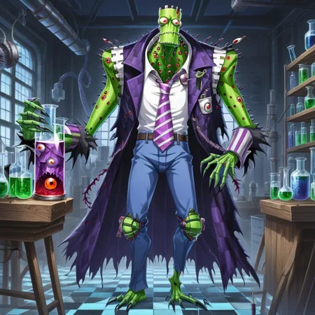 a skinny fleshmutant frankenstein's monster covered in eyes holding a beaker inside of a laboratory,patchwork creature,patchwork skin,full body,2d,anime