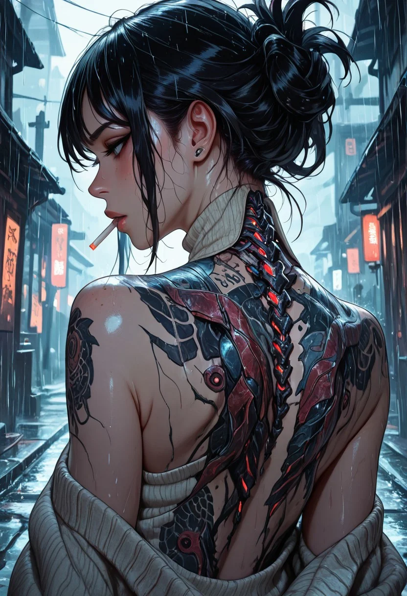 highres, very detailed, amazing quality, masterpiece,
very aesthetic,
particle effect, Cinematic,
1girl, solo, Black hair, hair up, beautiful, exposed shoulders, exposed back, bionic spine, smoking, cigarette, strong face, angled face, side eye,
Back tattoo, Dragon back tattoo,
Sweater around lower back,
Raining, ancient Japanese street,
Close up,
From behind, View from behind,