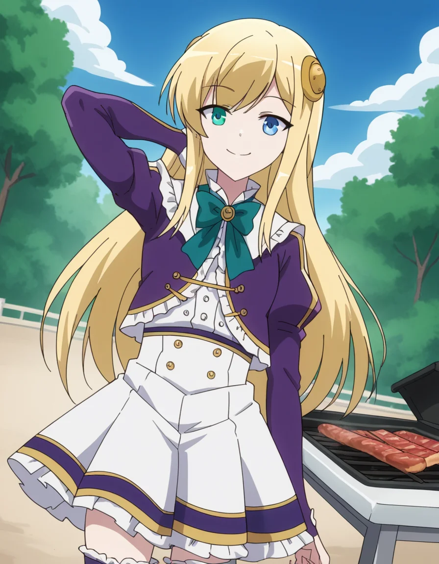 score_9, score_8_up, score_7_up, source_anime, <lora:yumina-belfast-urnea-s2-ponyxl-lora-nochekaiser:1>, yumina belfast urnea, long hair, blue eyes, blonde hair, hair ornament, green eyes,, skirt, thighhighs, purple sleeves, frills, white skirt, skirt, blue skirt, frilled skirt, bowtie, green bowtie, frilled center, backyard, barbecue, grilling, laughter, summer evening, smile, hand behind head, , looking at viewer, solo,, dutch angle, cowboy shot