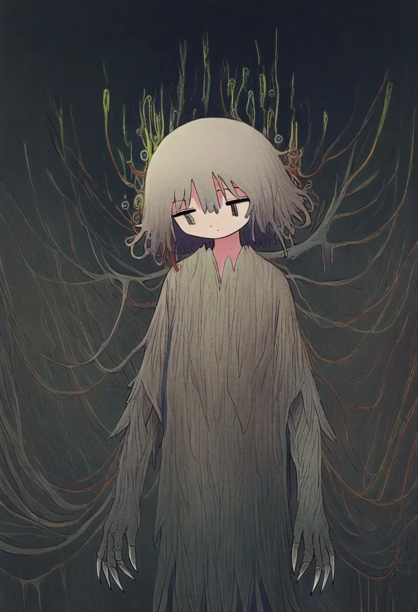 Theme: Surreal horror, eerie dystopia, dark realism
Subject: Humanoid figure with a retro TV for a head, static-filled screen, unsettling pose
Environment: Foggy, desolate forest clearing, muted colors, ominous atmosphere
Body Details: Thin, elongated limbs, jagged claws, tattered, moss-like texture covering the body
TV Screen: Flickering static in vibrant RGB bars, vintage knobs and antennas, glowing faintly in the fog
Mood: Creepy, ominous, otherworldly, unsettling
Lighting: Diffused, moody lighting with subtle backlight from the fog
Details: Overgrown roots and rocks on the ground, hints of red foliage in the background, weathered and decrepit aesthetic
Impression: Tension, unease, mysterious allure, dystopian nightmare , Abstract, swirling lines and shapes, , Flowing organic forms, scattered geometric shapes, , layered textures, , Hand-drawn aesthetic,, painterly, Dreamlike, surreal, fluid motion, sense of introspection, Calm Mood, contemplative Mood, nostalgic Mood, gentle chaos Mood, Imagination, inner thoughts, blending reality with abstraction