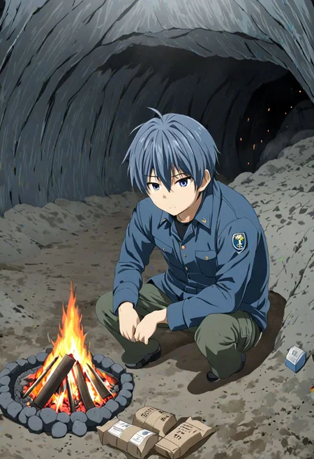 high resolution, solo, best quality, 1Boy, Tomoya Okazaki, Grey Blue Hair, cave, bunker, field Ration, bonfire, OverallDetail