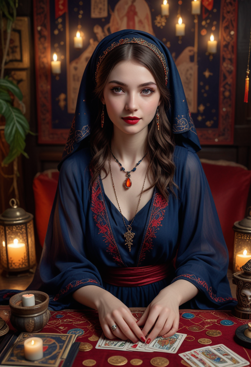 (medium full shot) of (spellbinding fortune teller) young woman, chinese, pale skin, hazel eyes, Average build, short hazel wavy down hair, wearing a embroidered shawl , midnight blue asymmetric dress with mystical elements, barefoot, red lipstick, tarot cards, headscarf,  set in  a mystical sanctuary, featuring arcane symbols, plush seating, shimmering lights, enchanted decor , during twilight, woman smiling, Masterpiece,best quality, photo, realistic, very aesthetic, detailed face,
