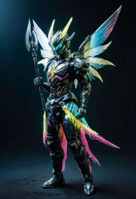score_9, score_8_up, score_7_up, score_6_up, score_5_up, score_4_up, w0gf1l, vibrant colors, easynegative, dramatic lighting, easynegative, Cyborg made of tiny neon glass filaments, cyborg Angel, wings, holding spear and shield, chrome armor, gold highlights, night sky, a glowing futuristic pyramid made of tiny neon glass filaments in the background,