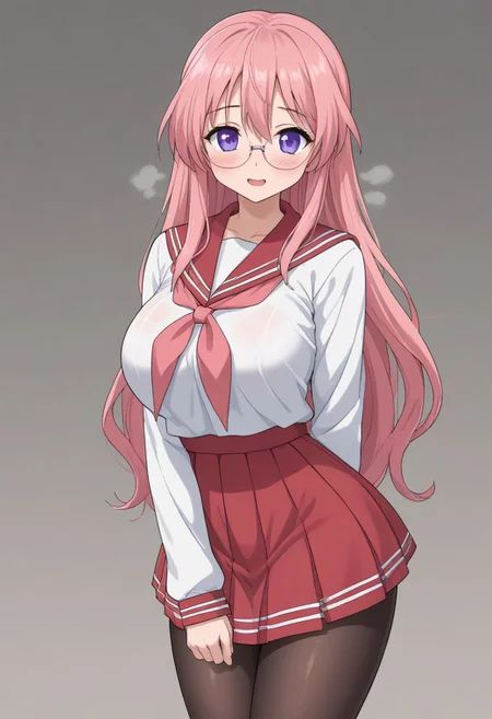 indoor, midnight, Health room,
8k, super high vision:, intricate details, Super high quality, Super high resolution, masterpiece, full color,
anime art, animation,
beautiful breasts, huge breasts,
super cute girl, super cute face, narrow waist,
sweat, shiny skin, wet hair, wet body, droplet,
looking at you sexually, sexually excited state, heterosexual, gonzo,
smug, open your mouth, sigh, long breath, blush, bitch,
standing,
sailor collar, uniform, red skirt, pink neckerchief, mini skirt, black pantyhose,
tiny hips, hips, thigh,
miyuki takara, long hair, purple eyes, pink hair, glasses, cowboy shot, cowboy shot, cowboy shot,