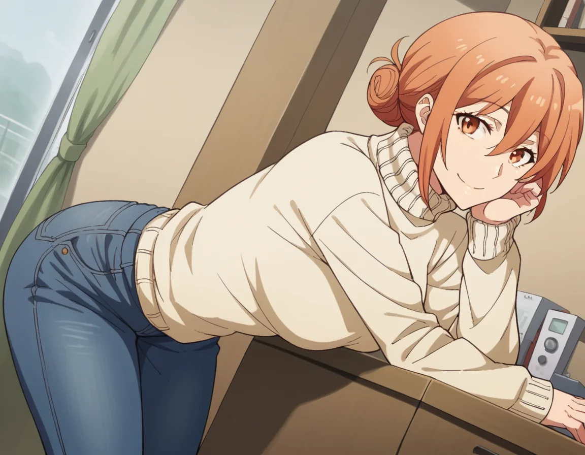score_9, score_8_up, score_7_up, source_anime,
yuigahamama, <lora:mother-yuigahama-s2s3-ponyxl-lora-nochekaiser:1>,
yuigahamama, hair bun, mature female, orange eyes, orange hair, short hair, single hair bun, hair between eyes, sidelocks,
denim, jeans, pants, sweater, turtleneck, turtleneck sweater, white sweater,
indoors, bent over, smile,
looking at viewer, cowboy shot, dutch angle, solo,