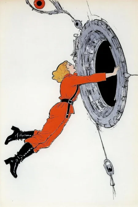 regr1 illustration.
Overhead sideview of a blonde woman dressed in a orange spacesuit and heavy boots, is carefully re-enacting the iconic scene from 2001: A Space Odyssey where David Bowman deactivates HAL 9000. Floating weightless on one side of a vast empty spacecraft, she methodically removes the components of the HAL 9000 interface, one piece at a time. The setting is tense and sterile, with bright lighting reflecting off the white sterile surfaces, capturing the eerie, unsettling atmosphere of the original scene. The red glow of HAL's eye slowly fades as the scene unfolds, highlighting the dramatic tension between human and machine <lora:regr3_shoujo_nocap_d6a3:1.0><lora:808056414367998563:0>
