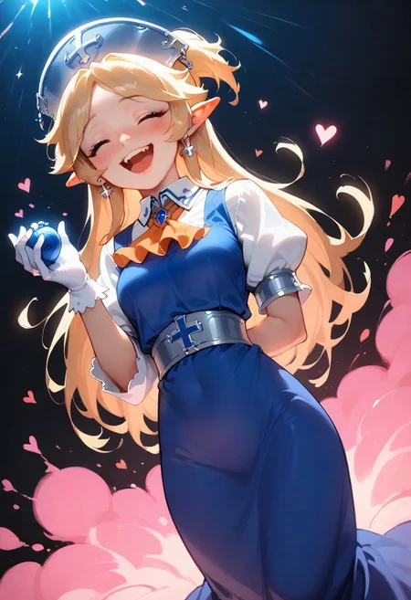1girl, solo, yukaridef, hat, cross earrings, blue dress, orange ascot, white shirt, white gloves, holding grenade, laughing, leaning back, closed eyes, dark background, pink explosion, heart background, feet out of frame, three quater view, backlightling, masterpiece, best quality, very aesthetic, absurdres