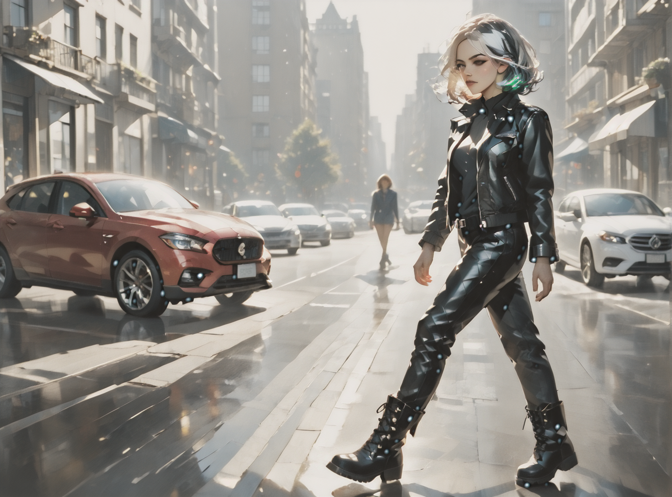 score_9, score_8_up, score_7_up, character in profile, walking, looking at surroundings, 1girl, pale skin, medium breasts, <lora:sm0k3XLP:1>, <lora:goth_clothes:1>, Black leather jacket, black leather pants, black riding boots, white highlights, Black hair, white highlights, <lora:_sdxl-gaming-pony:1>, <lora:Eldritch_Universe_Style:1>,