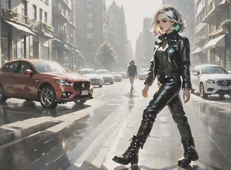 score_9, score_8_up, score_7_up, character in profile, walking, looking at surroundings, 1girl, pale skin, medium breasts, <lora:sm0k3XLP:1>, <lora:goth_clothes:1>, Black leather jacket, black leather pants, black riding boots, white highlights, Black hair, white highlights, <lora:_sdxl-gaming-pony:1>, <lora:Eldritch_Universe_Style:1>,