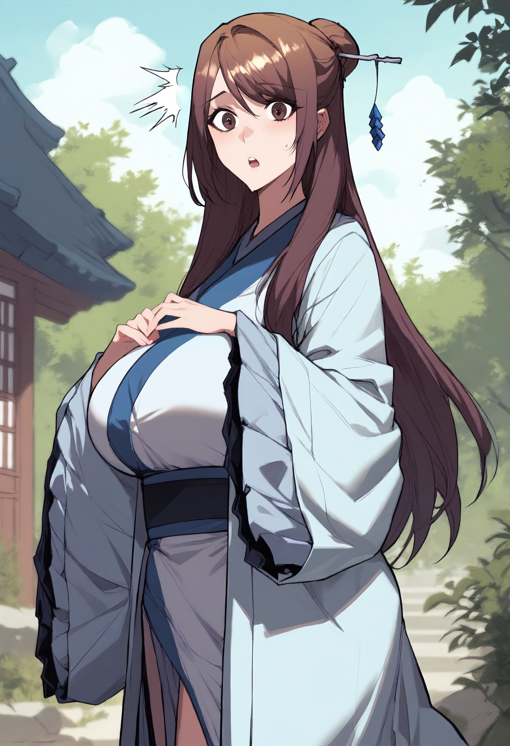 score_9, score_8_up, score_7_up, score_6_up, source_anime, rating_explicit, 1girl, solo, huge breasts, <lora:Nangong Hyang prefectPonyxl:0.9> brown hair, long hair, hair stick, hair ornament, single hair bun, brown eyes, chinese clothes, sky blue robe, kimono, sash, wide sleeves, long sleeves, surprised, forest, outdoors, looking at viewer, close-up, from side