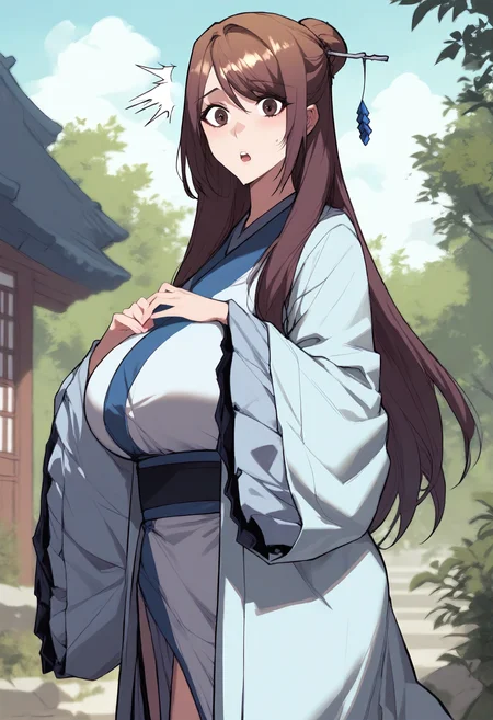 score_9, score_8_up, score_7_up, score_6_up, source_anime, rating_explicit, 1girl, solo, huge breasts, <lora:Nangong Hyang prefectPonyxl:0.9> brown hair, long hair, hair stick, hair ornament, single hair bun, brown eyes, chinese clothes, sky blue robe, kimono, sash, wide sleeves, long sleeves, surprised, forest, outdoors, looking at viewer, close-up, from side