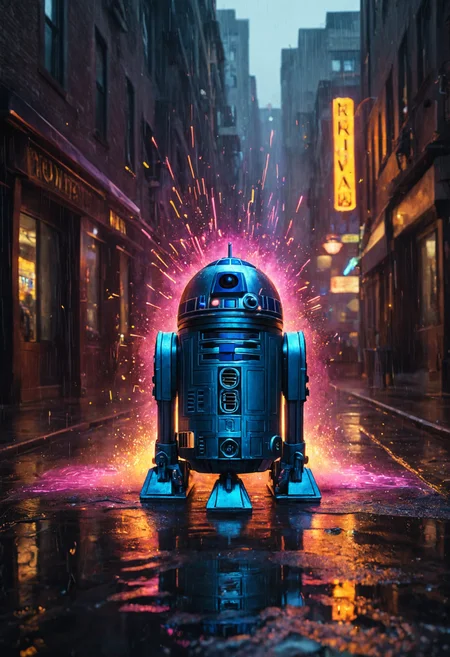 Psychedelic style ((( K2SO: Star Wars droid with sleek, contemporary design. Combines classic and modern elements1. in 42. Creative Design Studio in a Converted Loft. 1. The Hover-Toaster 3000, they have shiny chrome elements)))All written text begins rearranging itself into poetry that predicts events happening five minutes in the future.
(((with exaggerated expressions))) Holding Microphones: Ready for their solo debut! These veggies are here to sing their hearts out in your kitchen concert., Cinematic Rainy Day Street Scenes: Photograph urban streets during rainstorms when reflections from puddles combine with glowing streetlights for moody, atmospheric compositions..(dynamic:1.1),sun rays,
(Vivid, HDR, Canon50, 8K, Hyper Realistic, Dramatic, Epic, Dynamic Contrast, Cinematic Lighting, increased brightness)(((Zoomed Out, Far away Shot))) = =. Epic dynamic lighting , vibrant,highly detailed,psychedelic,((Psychedelic, rainbow glow ))
((Vivid, Epic, Dynamic contrast)) (((Zoomed out, Far away shot, In frame)), (((Cinematic, Studio lighting, Contrast)))
<lora:juggernautXL_version6Rundiffusion:0.8><lora:rundiffusionXL_beta:0.8><lora:epicrealismXL_v5Ultimate:0.8><lora:crystalClearXL_ccxl:1><lora:extremely_detailed:0.8> extremely detailed
<lora:hyperkraximalism:0.2> hyperkraximalism
<lora:QuadpipeQp_sdxlV2:0.4>
<lora:xl_more_art-full_v1:0.1>
<lora:RMSDXL_Darkness_Cinema:0.2>
<lora:glowneon_xl_v1:0.4> glowneon, glowing, sparks, lightning, - Generate images with sharp edges and fine details.
- Produce high-resolution images with no blurriness or distortions.
- Create images with clear and well-defined subjects.
- Ensure that the output images have crisp lines and distinct features.
- Generate images with vibrant colors and accurate tones.
- Avoid noise or artifacts in the generated images.
- Focus on producing clear textures and patterns in the images.
- Emphasize clarity and definition in all aspects of the generated images.
- Prioritize the sharpness and clarity of the main subjects in the images.
- Optimize the AI model to produce clear and visually appealing images., Wlop, By art germ . Vibrant colors, swirling patterns, abstract forms, surreal, trippy