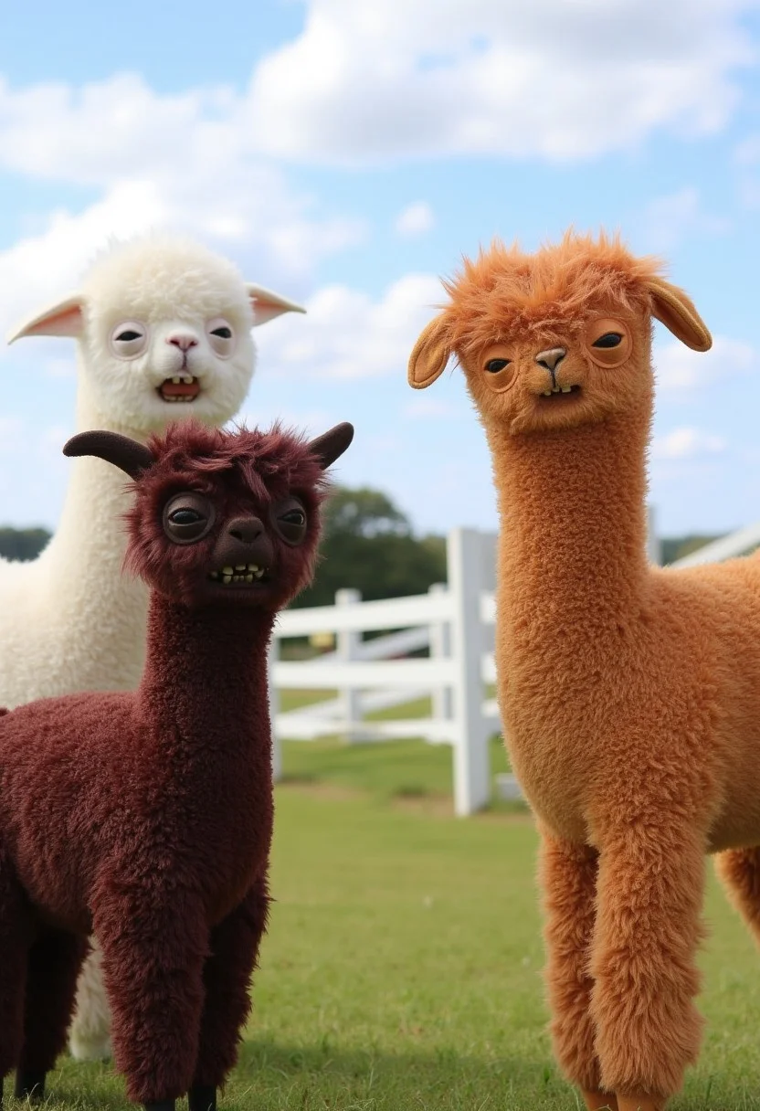 fugglers, A medium-close-up view of three different colored alpacas standing in a grassy field. They have longer hair and look very fluffy and fugglers. The alpaca on the left is facing the camera, while the other two are facing the right. They are all facing the same direction, and their bodies are slightly angled to the left. The back of the alpaca is slightly angled towards the left side of the image, and the front of the one on the right is facing towards the right side. Behind them is a white fence, and in the background is a blue sky with white clouds.
