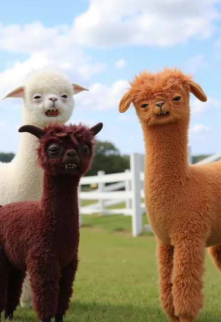 fugglers, A medium-close-up view of three different colored alpacas standing in a grassy field. They have longer hair and look very fluffy and fugglers. The alpaca on the left is facing the camera, while the other two are facing the right. They are all facing the same direction, and their bodies are slightly angled to the left. The back of the alpaca is slightly angled towards the left side of the image, and the front of the one on the right is facing towards the right side. Behind them is a white fence, and in the background is a blue sky with white clouds.