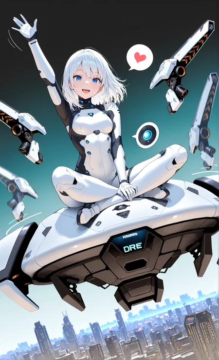 masterpiece, sharp detail, intricate detail, 1girl, medium hair, white hair, blue eyes, smile, looking at viewer, dynamic angle, dutch angle, motion lines, motion blur, sitting on drone, indian style, spoken heart, drones, open mouth, waving arm, floating weapon, <lora:Improved Anime Drones:0.8> science fiction, gradient background, soft gradient, cityscape background,
