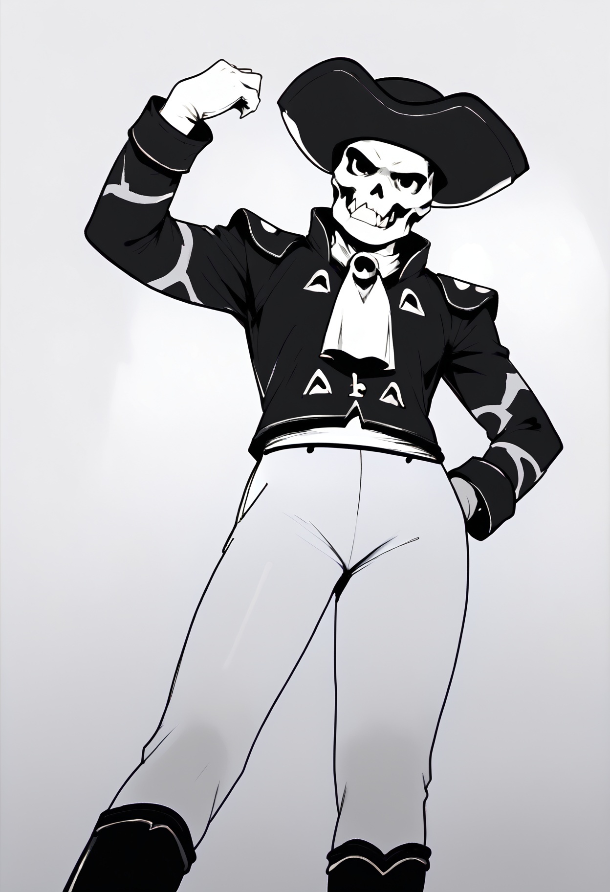 monochrome,
from below, looking at viewer, grin, 
matadorsmt, hat, skull, green jacket, white ascot, white pants, white gloves, green boots
,score_9,score_8_up,score_7_up, 
 <lora:Potat_dark_ink_v1_monochrome-RS24:1> <lora:zs_MatadorXL:1>