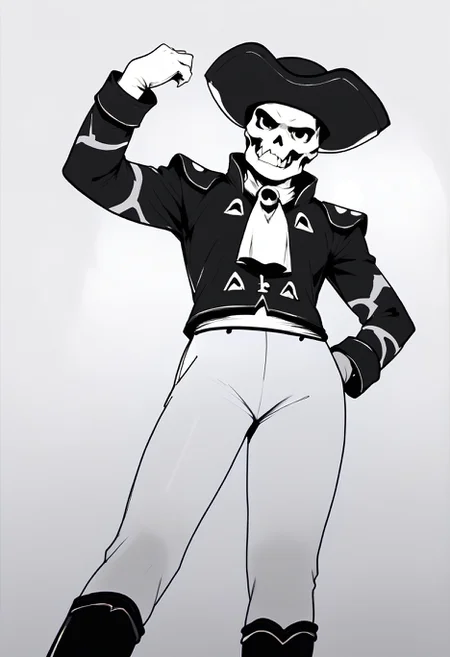 monochrome,
from below, looking at viewer, grin,
matadorsmt, hat, skull, green jacket, white ascot, white pants, white gloves, green boots
,score_9,score_8_up,score_7_up,
<lora:Potat_dark_ink_v1_monochrome-RS24:1> <lora:zs_MatadorXL:1>