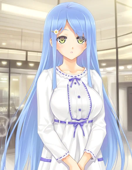 sawatari suzuku, hazel eyes, blue hair, flower hairpin, sidelocks, very long hair, large breasts, white ribbon-trimmed dress, buttons, mall, parted lips, solo <lora:Biman Adam-000063:1>