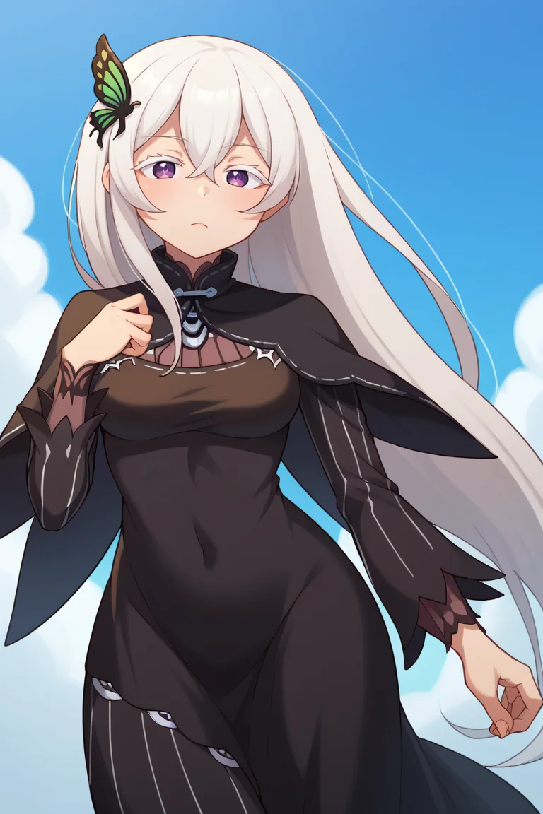 score_9, score_8_up, score_7_up, BREAK, <lora:manyakis-guy-PONYv1:1>, 1girl, solo, breasts, <lora:rezero_echidna_ponyXL:0.95> rzechidna, butterfly hair ornament, black dress, long sleeves, black capelet