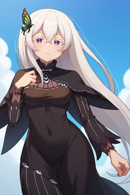 score_9, score_8_up, score_7_up, BREAK, <lora:manyakis-guy-PONYv1:1>, 1girl, solo, breasts,  <lora:rezero_echidna_ponyXL:0.95> rzechidna, butterfly hair ornament, black dress, long sleeves, black capelet