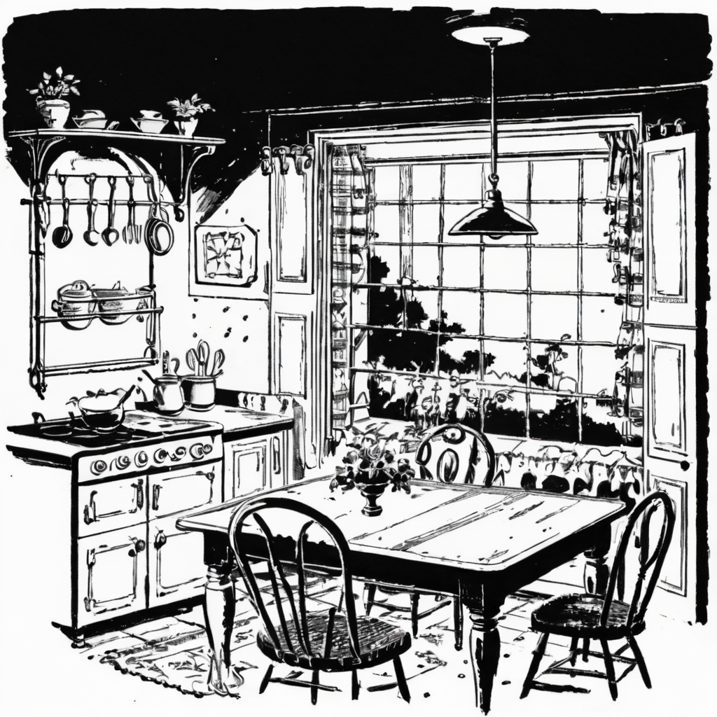 vintage clipart illustration of a lonely kitchen table scene, lit from above , black and white, commercial line art <lora:VOLK_Vintage_Clipart:1>