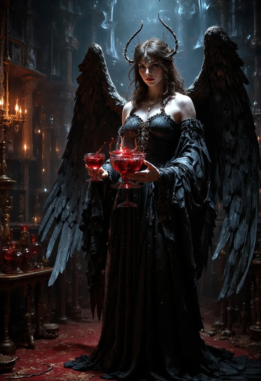 In this captivating cinematic dark fantasy scene, the Angel of Temptation stands tall in a dimly lit, opulent chamber. The angel is adorned with luxurious feathers on their corrupted wings, exuding a sultry, sensual energy. Their captivating eyes lock with the viewer, casting a dangerous and alluring gaze. The angel's hands are poised seductively, holding a decadent chalice filled with a mysterious, swirling liquid. The background reveals a room filled with forbidden treasures, exuding a sense of deceit and danger. The overall atmosphere of the image is eerie and mesmerizing, luring the viewer into the Angel of Temptation's sinister web., cinematic