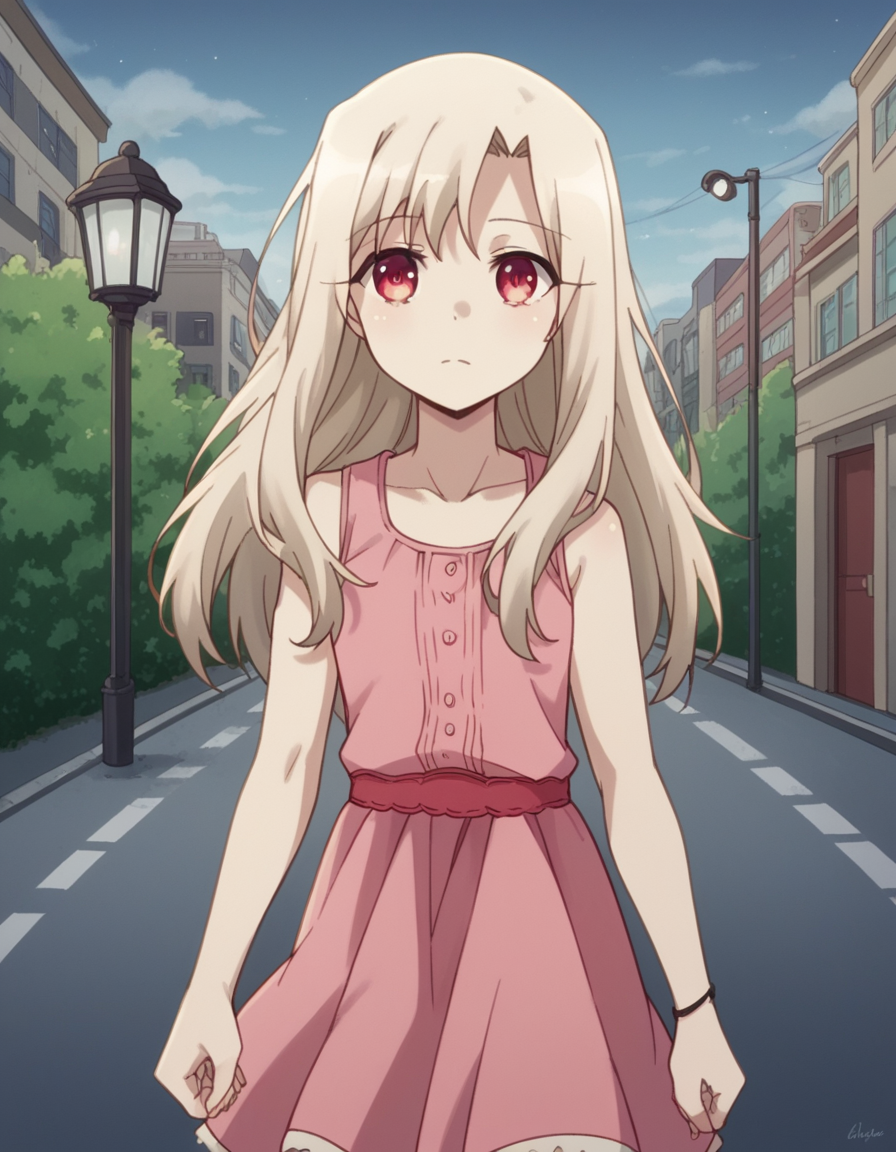 score_9, score_8_up, score_7_up, source_anime, <lora:illyasviel-von-einzbern-prisma-s2s3-ponyxl-lora-nochekaiser:1>,, illyasviel von einzbern, long hair, blonde hair, red eyes, parted bangs,, dress, collarbone, sleeveless, sleeveless dress, pink dress,, city street, evening, streetlights, walking dog, quiet neighborhood, gentle breeze, , looking at viewer, hand shaking hands, solo,, cowboy shot, dutch angle