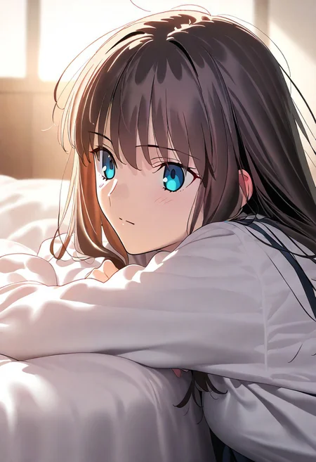 masterpiece, best quality, newest, absurdres, highres, safe, 1girl, brown hair, blue eyes, long hair,