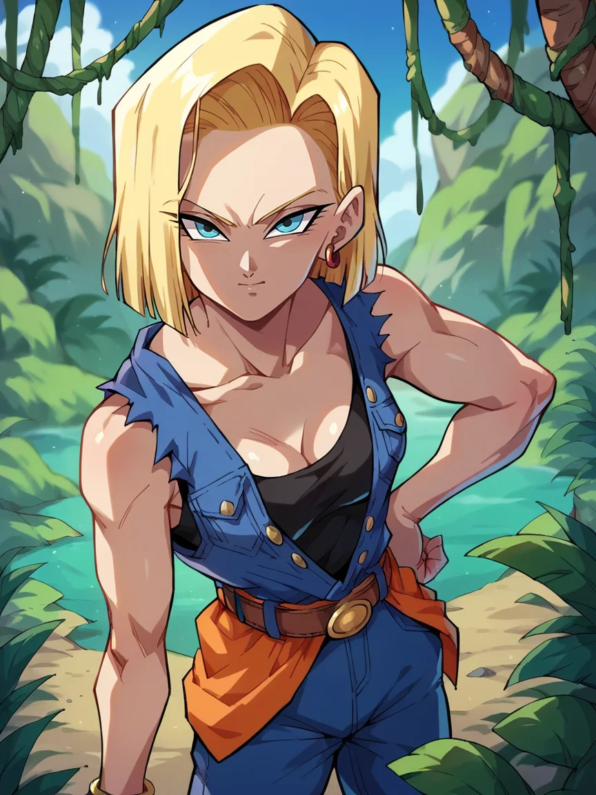 score_9, score_8_up, score_7_up, score_6_up, score_5_up, <lora:DragonBallZXLP:1> dragon ball z, solo, 1girl, android 18, jungle,