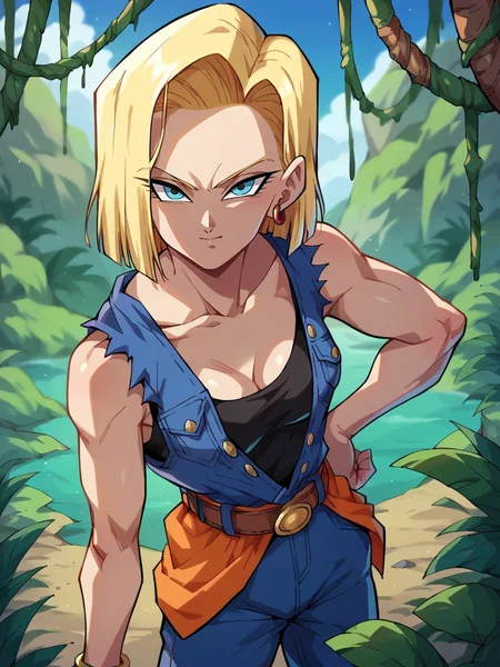 score_9, score_8_up, score_7_up, score_6_up, score_5_up, <lora:DragonBallZXLP:1> dragon ball z, solo, 1girl, android 18, jungle,