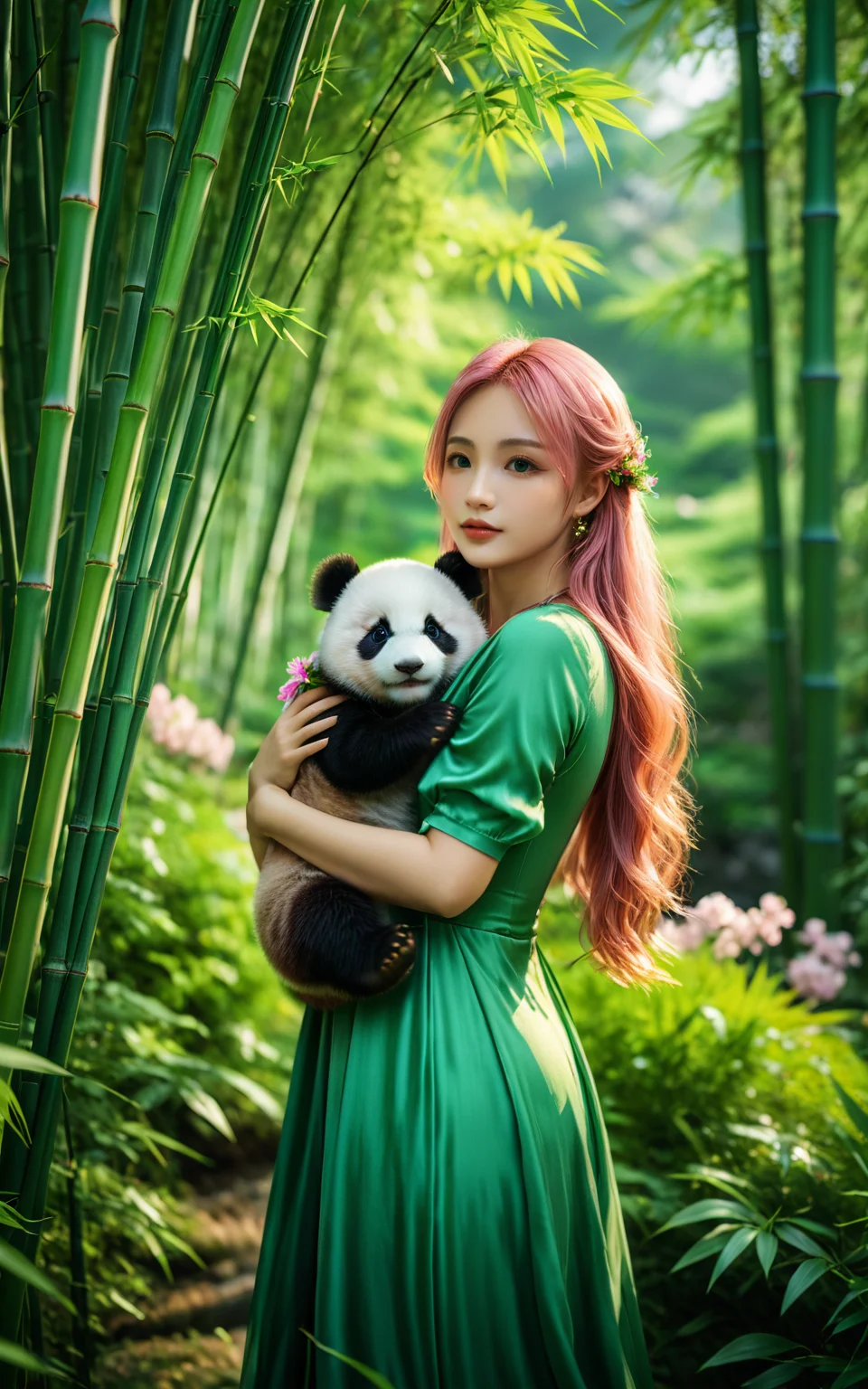 <lora:yuukananri-base-02-XL:0.8>,upper_body,yuukananri,1girl with long pink hair,green eyes,wearing an elegant green long dress,holding her baby panda in her arms,standing in a lush bamboo forest surrounded by vibrant flowers and greenery,realistic photography style,cinematic photo peering through the trees with depth of field blurring effect,natural light,35mm photograph,film,professional,4k,highly detailed,Golden hour lighting,Depth of field F2. Rule of Thirds Composition,best quality,ultra-detailed,masterpiece,Cinematic Lighting,<lora:detailed_notrigger:1>,<lora:xl_more_art-full_v1:0.8>,