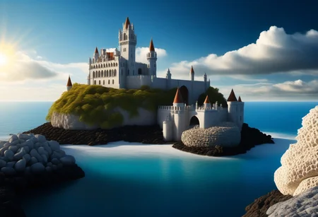 a (white stonework castle) on a (rock spire) in a bay, (stone pier, Mole, Jetty), battlement, crenellations, Machicolations, rough sea, blue sky, clouds, sun beams, best quality, high Contrast, masterpiece, realistic, photo-realistic, amazing, finely detail, ultra-detailed, highres, extremely detailed, 8k wallpaper, wizz style
