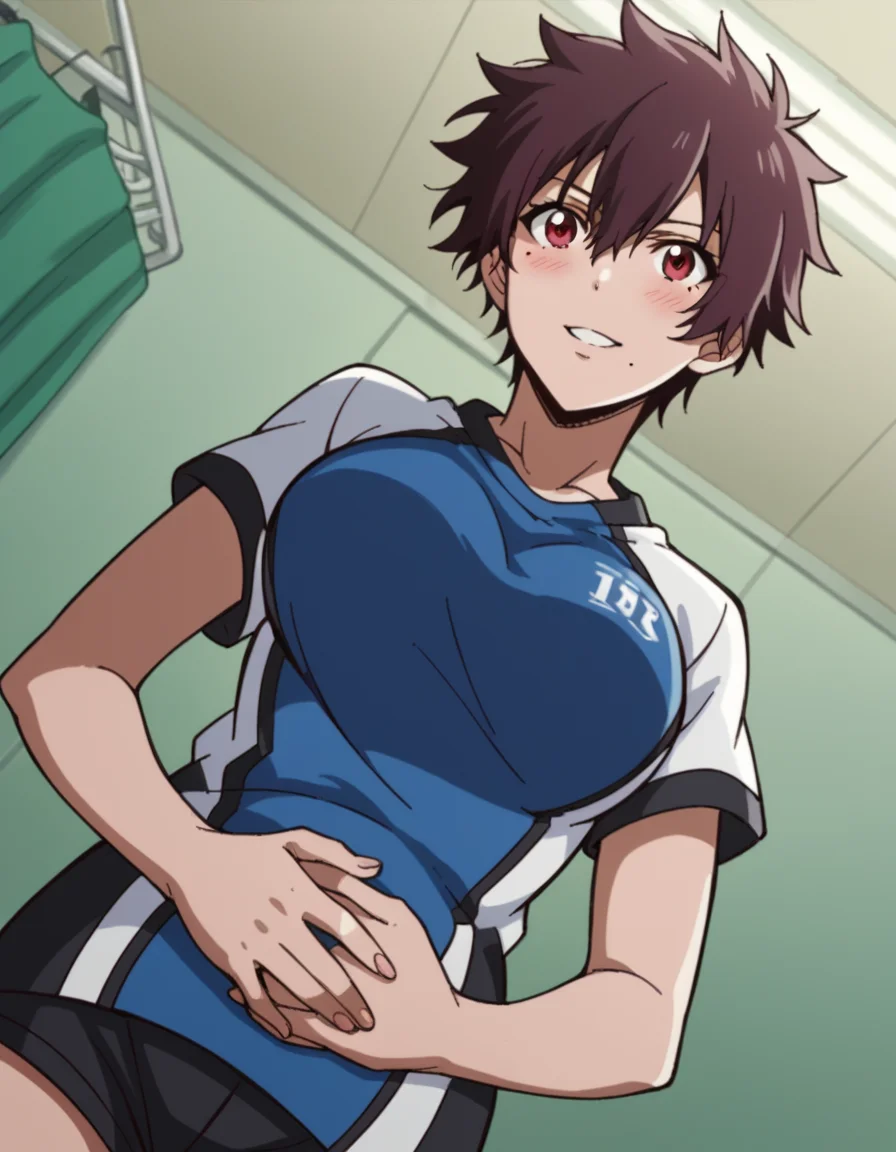 score_9, score_8_up, score_7_up, source_anime, <lora:nagisa-aragaki-s1-ponyxl-lora-nochekaiser:1>, nagisa aragaki, short hair, large breasts, brown hair, red eyes, brown eyes, mole, mole under mouth, tomboy, shirt, shorts, sportswear,, hospital room, bedside, get well flowers, comforting, quiet, smile, looking at viewer, hands on stomach, blush,, solo,, dutch angle, cowboy shot