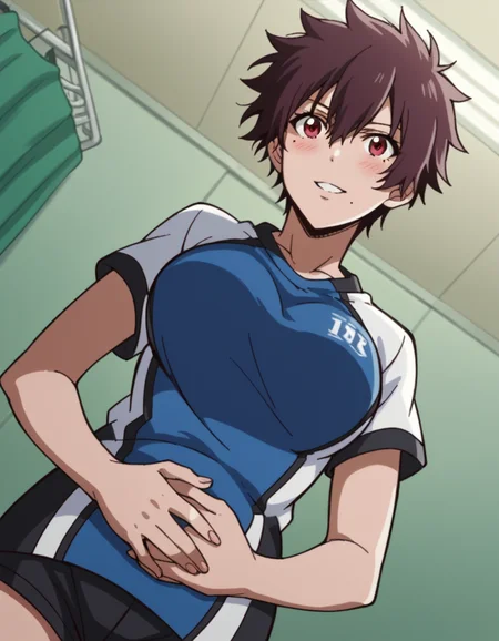 score_9, score_8_up, score_7_up, source_anime, <lora:nagisa-aragaki-s1-ponyxl-lora-nochekaiser:1>, nagisa aragaki, short hair, large breasts, brown hair, red eyes, brown eyes, mole, mole under mouth, tomboy, shirt, shorts, sportswear,, hospital room, bedside, get well flowers, comforting, quiet, smile, looking at viewer, hands on stomach, blush,, solo,, dutch angle, cowboy shot