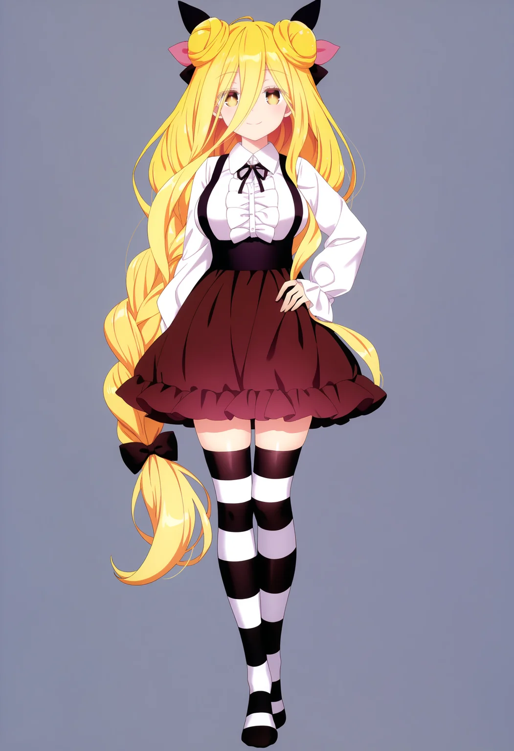 masterpiece, best quality, very aesthetic, absurdres,
1girl, mukurohoshimiya, single braid, blonde hair, very long hair, double hair bun, hair between eyes, yellow eyes, bangs, hair bow,
collared shirt, white shirt, long sleeves, frills, ribbon, striped thighhighs, brown skirt,
full body, hand on hip, standing,
smile, solo, looking at viewer, simple background, white background, <lora:MukuroHoshimiyaNoobXL_byKonan:1>