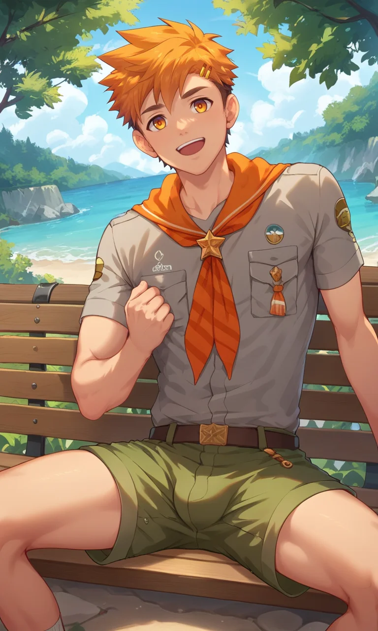 score_9, score_8_up, score_7_up, masterpiece, best quality, lots of details, ((1boy)), Hiro, solo, male focus, open mouth, light smile, gray shirt, green shorts, orange neckerchief, shaded, short sleeves, sitting, on bench, detailed shading, detailed skin, shaded skin, realistic shading, looking at viewer, Expressiveh, countershading:1.1, camp yard, outdoors, <lora:add-detail-xl:0.7>, <lora:Smooth Anime 2 Style SDXL_LoRA_Pony Diffusion V6 XL:0.8>, <lora:Expressive_H:0.8>, <lora:Hiro_XL_V10:0.9>