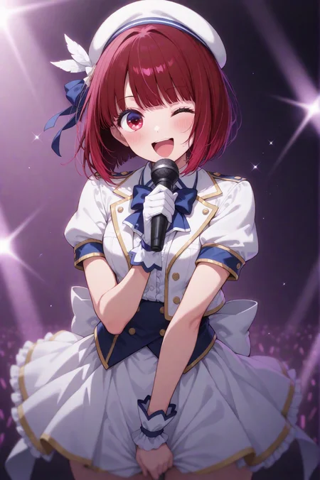 masterpiece best quality, absurdres very aesthetic, general, depth of field,intricate details, clean outline, thick lines, clear-edged_thin-outline,
((a girls singing on her last stage)), (arima kana:1.1), (oshi no ko:1.2), high-teens cute girls, ;D,
(singing on the stage in background),holding a microphone, b-komachi \(new\) white idol costume, White Beret,fulled up (white_glawing:1.3) sticks,
from front view,medium full shot,cinematic angle and shot and lighting, <lora:aesthetic_anime_v1s:0.6>