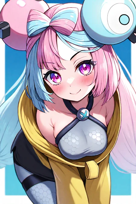 masterpiece, best quality, absurdres, medium breasts, (curvy), cute, eyelashes, vivid colors, solo, BREAK, ,,, , ,,, zzIono, solo, 1girl, long hair, pink eyes, blue hair, pink hair, light blue hair, multicolored hair, bow-shaped hair, yellow jacket, sleeves past fingers, single leg pantyhose, thigh strap, <lora:IonoPokemonIXL_e08:1.0>, ,,, , ,,, smile, looking at viewer, ,,, smile, looking at viewer, leaning forward, head tilt, blush,