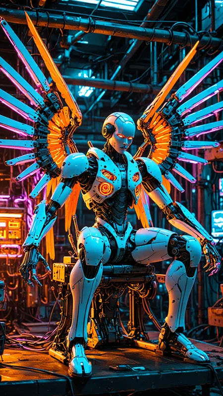 (masterpiece, best quality, intricate, detailed, ornate, vibrant colors), indoors, (factory), machinery, neon, CyberAngel, sitting, (mechanical parts), mechanical limbs, (mechanical wings), cybernetic augmentations, probes, cables, wires, biopunk, cyberpunk, technology, UHD