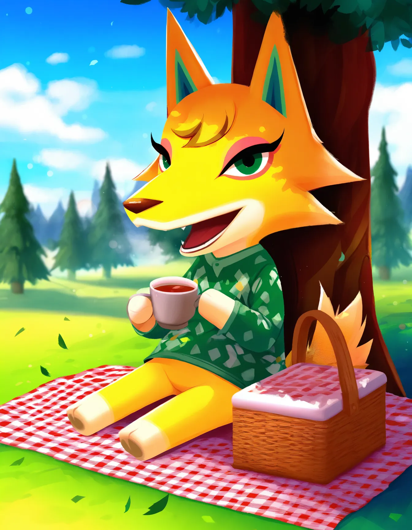 wolf, solo, animal crossing, long snout, countershading, old, female, 1girl, stylized, cartoon, sitting on blanket, picnic, tree trunk, green eyes, open smile, looking at viewer,, yellow fur, green shirt, long sleeves, picnic basket, bokeh, grass, blurry background, holding cup, tea, from front, three-quarter view, falling leaves, outdoors, blue sky, clouds, mountains, pine trees, tail, full body,
<lora:Whitney_v2Noob3s96:1> <lora:noobai_ep11_stabilizer_v0.138_fp16:0.8>