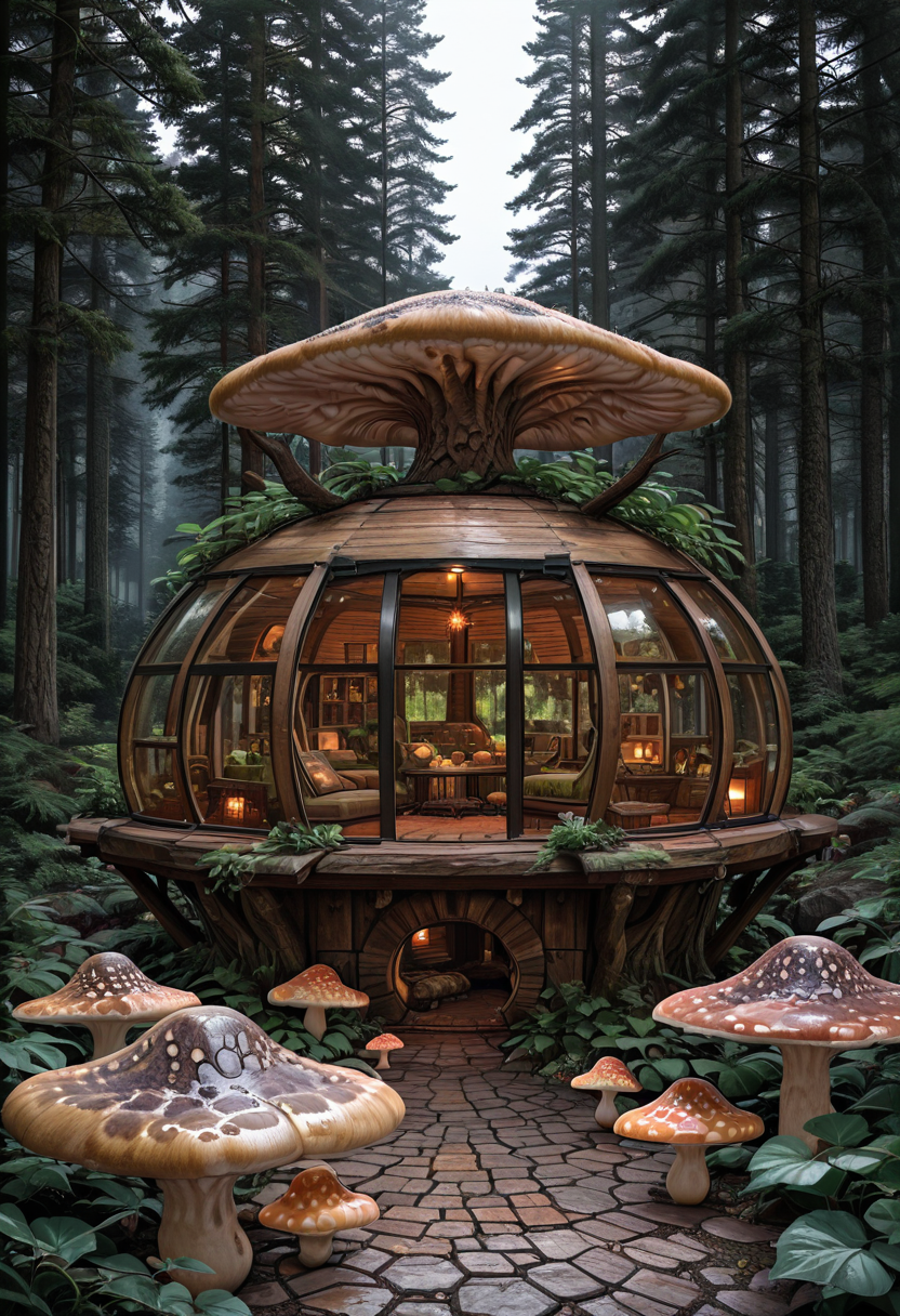 masterpiece, best quality,    (giant mushrooms),  N4t4rch, tree, window, forest, from outside , <lora:NatureArchitecture_IXL:0.7>,