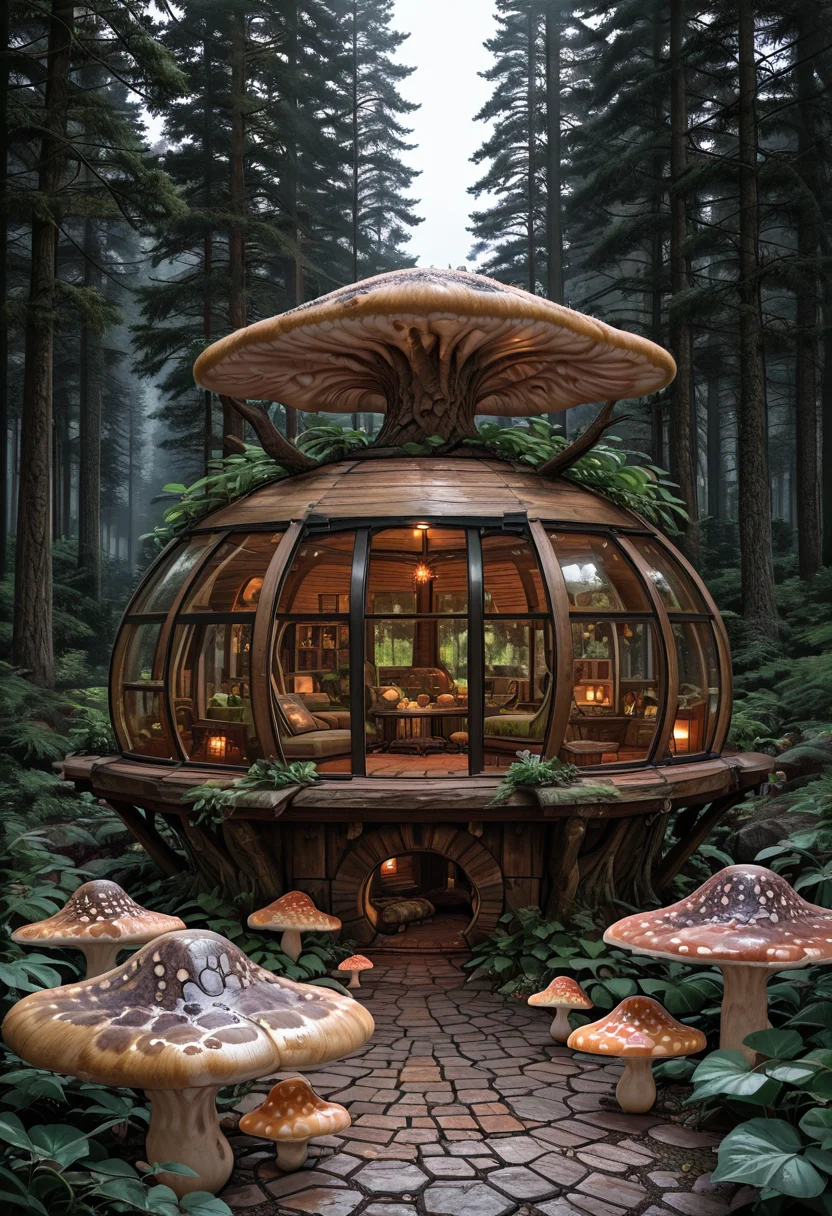 masterpiece, best quality,    (giant mushrooms),  N4t4rch, tree, window, forest, from outside , <lora:NatureArchitecture_IXL:0.7>,
