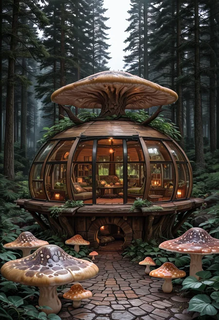 masterpiece, best quality, (giant mushrooms), N4t4rch, tree, window, forest, from outside , <lora:NatureArchitecture_IXL:0.7>,