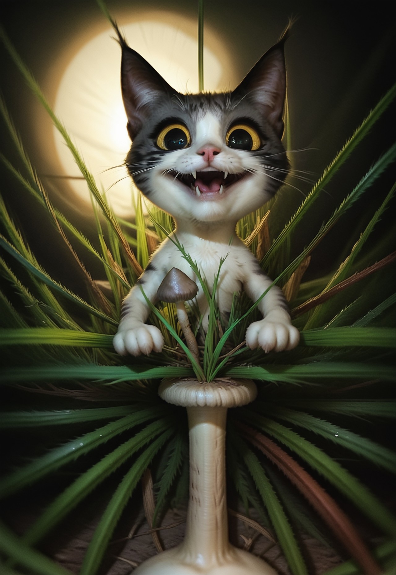 score_9, score_8_up, score_7_up, score_6_up, score_5_up, score_4_up, BREAK ((smile)), a crazy looking cat with very happy face in dark-grasshrooms, dark, backlit, low key, sidelight, depth of field, blurry foreground, dark-grasshrooms