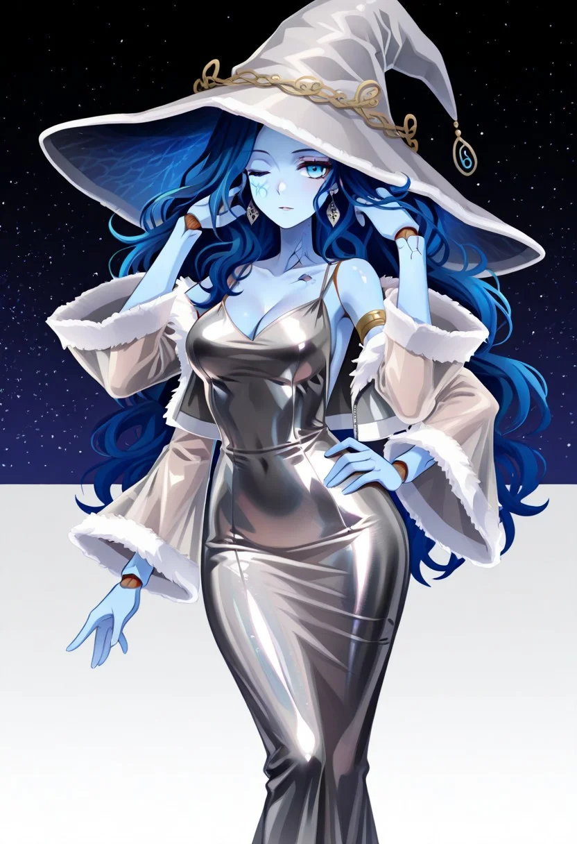 solo,1girl, abstract starry sky background, 
silver dress, shiny clothes, backless dress, bare shoulders, 
fur-trimmed jacket, fur-trimmed sleeves, cropped jacket, puffy sleeves, wide sleeves, see-through sleeves:1.6, silver jacket, 
Jedpsil, polished steel,
C0utur3Cr4z3,
standing, contrapposto, hand on own hip, hand in own hair, looking at viewer, from side, 
BREAK,
RnnDef, one eye closed, wavy hair, (4 arms:1.2), extra faces, ghost face, cracked skin, doll joints,
blue hair, blue skin, blue eyes, long hair, extra arms, doll joints, witch hat, fur-trimmed hat,
big hair, very long hair, 
medium breasts, cleavage, wide hips, narrow waist, deltoids, earrings, armlet, silver jewelry,