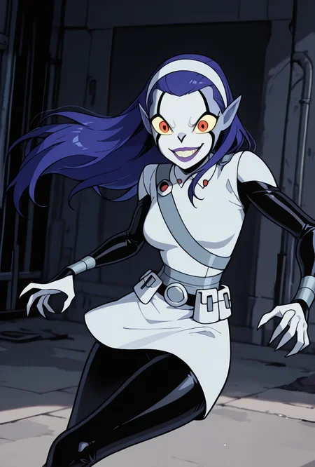 <lora:rookshar-10:1> rookshar, blue hair, colored skin, yellow sclera, long hair, 1girl, purple lips, white hairband, pointy ears, white suit, black sleeves, black pants, white skirt, short skirt, utility belt, smile,  sharp canines, teeth, dynamic pose  <lora:bmFmX2FpYXJ0-illustriousXL_v01_V1-CAME:1> bmFm, masterpiece, best quality, amazing quality, very aesthetic, absurdres, newest,