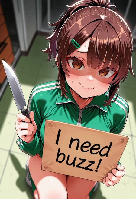 girl naked, solo, (holding knife with one hand), (hand and knife behind her body), ((need_buzz)), (holding sign with another hand), shaded face, fake smile, nervous sweat, wavy mouth, brown eyes, brown hair, green track suit, hair clip, mole under eye, mole under mouth, short ponytail, single side lock, squatting, looking at viewer, ((8k, Ultra HD)), (foreshortening:2), depth of field, ((Detailed background :1.5)), ((Masterpiece)), ((Best quality)), ((Detailed)), amazing quality, very awa, highres, absurdres, anime, contrapposto, artist:asanagi, from above,