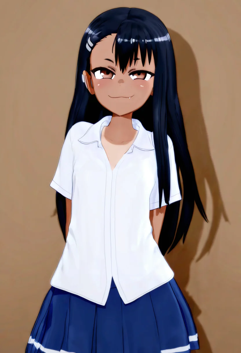 masterpiece, best quality, 1girl, solo, eyelashes, (beautiful eyes), nagatoro hayase, long hair, bangs, black hair, brown eyes, hairclip, fang, dark skin, tanline, skirt, shirt, school uniform, white shirt, pleated skirt, nail polish, blue skirt, red nails, earclip, smug, hands behind back, smile, looking at viewer, white outline, cowboy shot, wall, <lora:MantisNAI:0.7>,